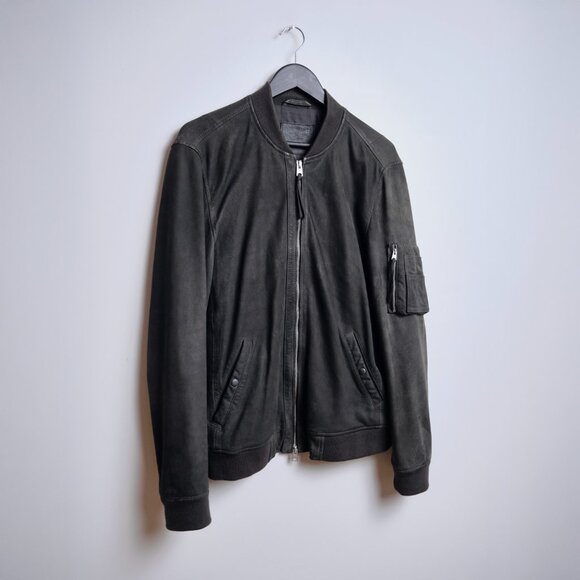 All Saints Soft Lambskin Leather Bomber Jacket - Charcoal / Large - Picture 2 of 7